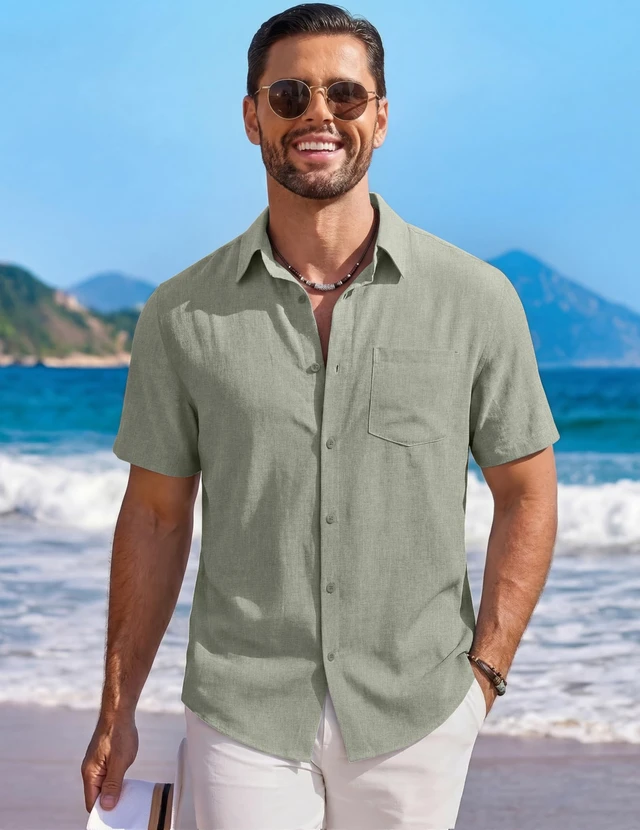 Alt view image 4 of 7 - Mens Casual Beach Short Sleeve Lightweight Linen Textured Shirt | Textured Linen Shirt,Lightweight Shirt,Beach Vacation Resort Wear,Wedding Tops,Machine Washable