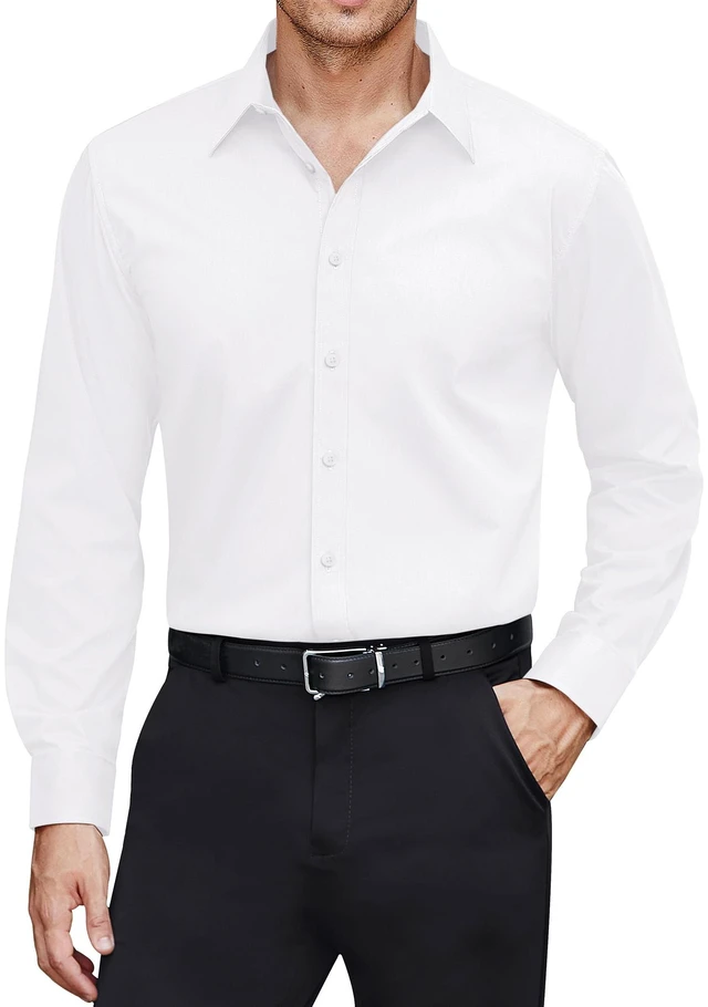 Main image of Men's Dress Shirts Cotton Stretch Long Sleeve Solid Formal Shirt Business Stain Shield Casual Button Down Shirts White Medium