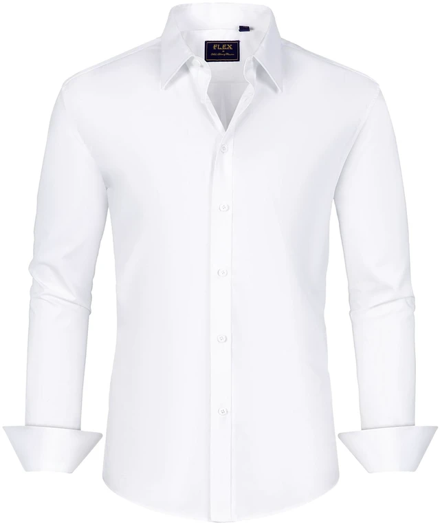Alt view image 5 of 6 - Men's Dress Shirts Cotton Stretch Long Sleeve Solid Formal Shirt Business Stain Shield Casual Button Down Shirts White Medium