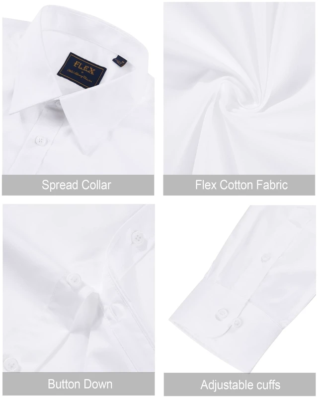 Alt view image 6 of 6 - Men's Dress Shirts Cotton Stretch Long Sleeve Solid Formal Shirt Business Stain Shield Casual Button Down Shirts White Medium
