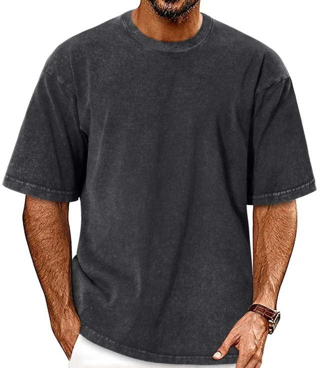 Main image of Oversized Tshirts for Men Vintage Washed Tees, Solid Black, L | Casual Acid Wash Cotton Crew Neck Shirts, Summer Graphic Streetwear, Gym Workout Tops, Baggy Cowboy Outfits 2026