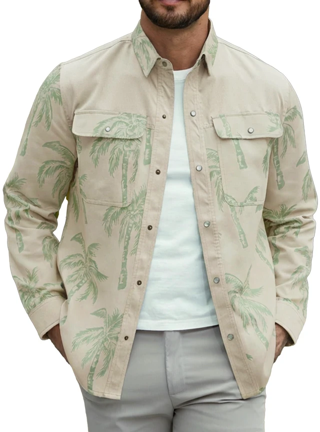 Main image of Mens Long Sleeve Button Down Shirts Hawaiian Shirt Tropical Floral Spring Autumn Casual Beach Shirts Khaki Green