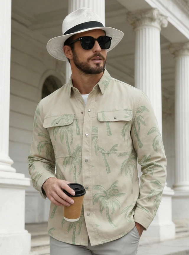 Alt view image 2 of 6 - Mens Long Sleeve Button Down Shirts Hawaiian Shirt Tropical Floral Spring Autumn Casual Beach Shirts Khaki Green