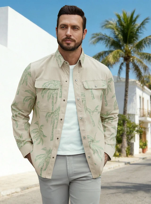 Alt view image 5 of 6 - Mens Long Sleeve Button Down Shirts Hawaiian Shirt Tropical Floral Spring Autumn Casual Beach Shirts Khaki Green