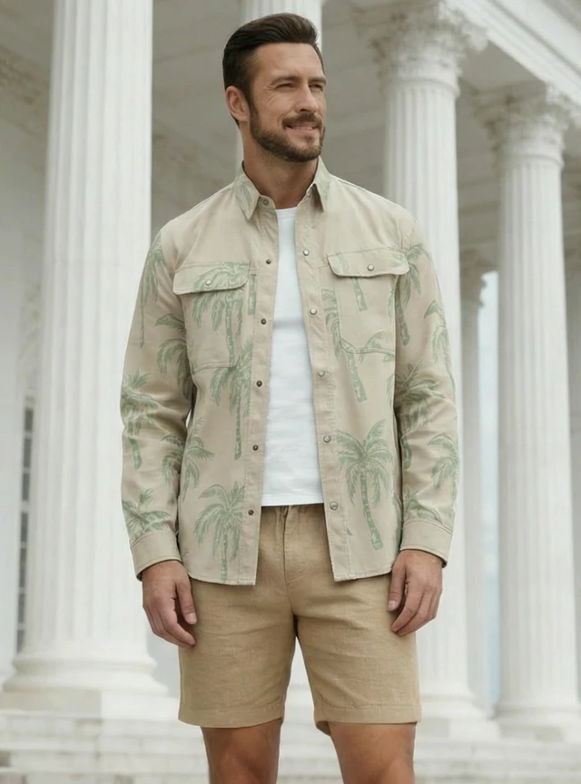 Alt view image 4 of 6 - Mens Long Sleeve Button Down Shirts Hawaiian Shirt Tropical Floral Spring Autumn Casual Beach Shirts Khaki Green
