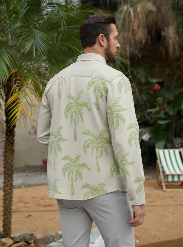 Alt view image 6 of 6 - Mens Long Sleeve Button Down Shirts Hawaiian Shirt Tropical Floral Spring Autumn Casual Beach Shirts Khaki Green