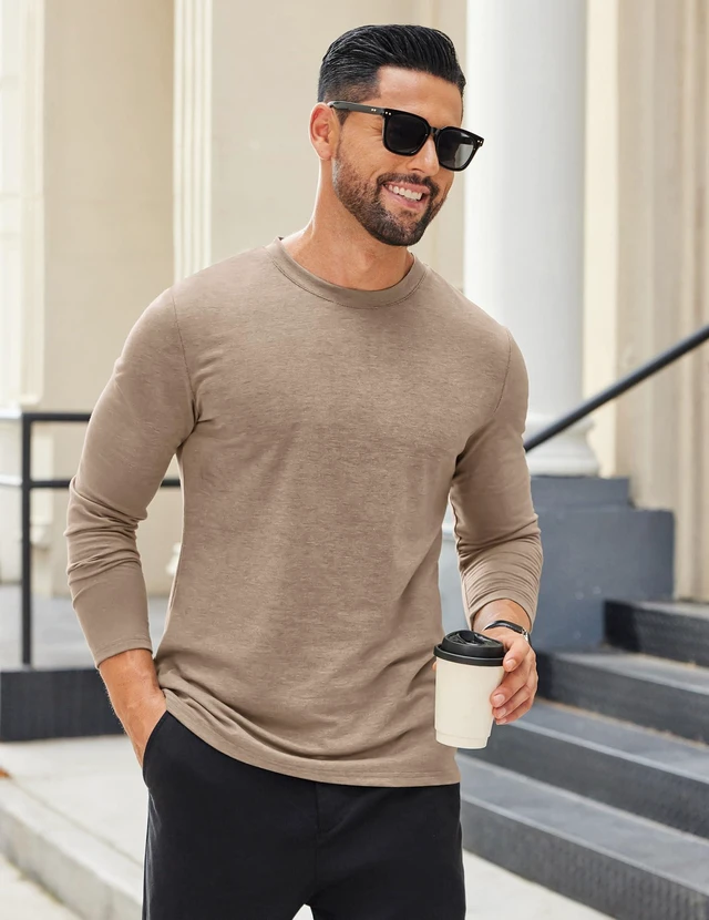 Alt view image 2 of 7 - Mens Casual T Shirts Lightweight Long Sleeve Tee Shirt Crewneck Sweatshirt, Khaki