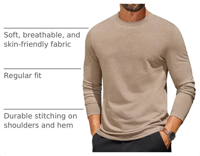 Alt view image 4 of 7 - Mens Casual T Shirts Lightweight Long Sleeve Tee Shirt Crewneck Sweatshirt, Khaki