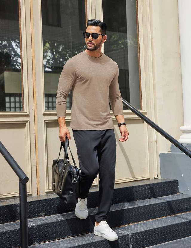 Alt view image 3 of 7 - Mens Casual T Shirts Lightweight Long Sleeve Tee Shirt Crewneck Sweatshirt, Khaki