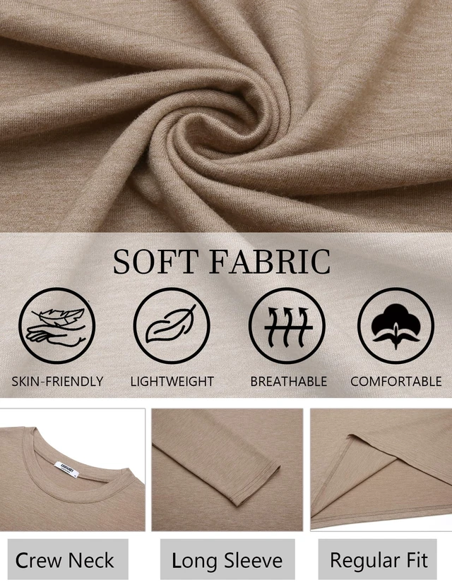 Alt view image 7 of 7 - Mens Casual T Shirts Lightweight Long Sleeve Tee Shirt Crewneck Sweatshirt, Khaki