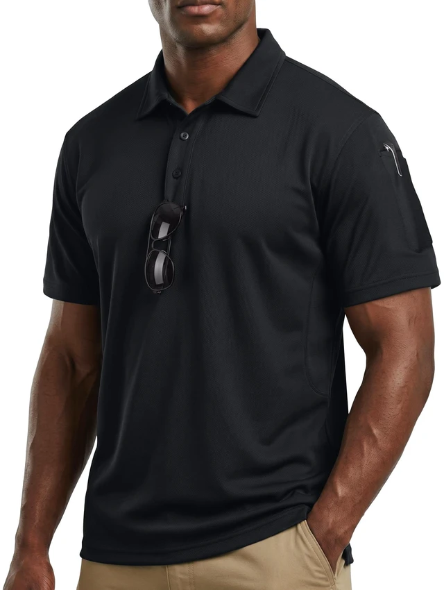 Main image of Pique Jersey Mens Polo Shirt UPF 50+ Quick Dry, X-Large, Black | Men's Tactical Performance Polo Shirt, Breathable Mesh Pique Jersey, UPF 50+, Quick Dry, Short Sleeve