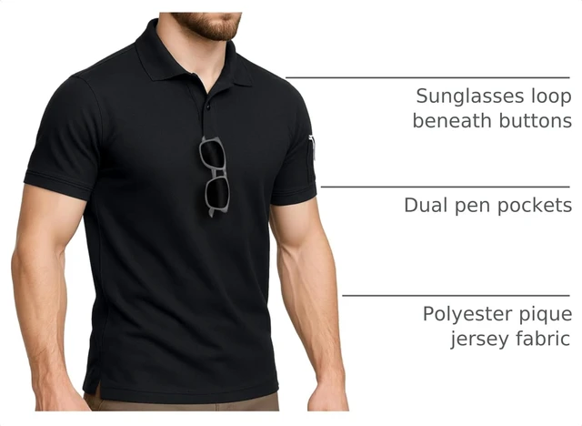 Alt view image 4 of 7 - Pique Jersey Mens Polo Shirt UPF 50+ Quick Dry, X-Large, Black | Men's Tactical Performance Polo Shirt, Breathable Mesh Pique Jersey, UPF 50+, Quick Dry, Short Sleeve