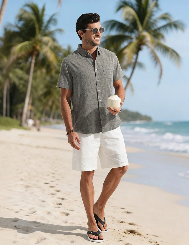 Alt view image 3 of 6 - Men's Casual Linen Shirt Short Sleeve Button Down Summer Shirt | Linen Blend, Lightweight Breathable, Pocket, Collared, Casual Summer Beach Vacation, Cruise, Work Office, Wedding Party
