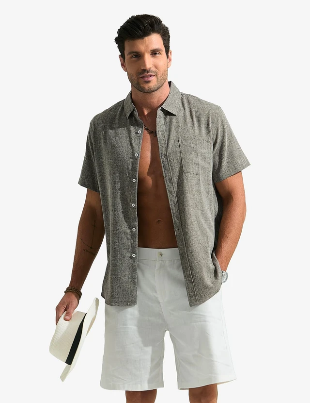 Alt view image 2 of 6 - Men's Casual Linen Shirt Short Sleeve Button Down Summer Shirt | Linen Blend, Lightweight Breathable, Pocket, Collared, Casual Summer Beach Vacation, Cruise, Work Office, Wedding Party