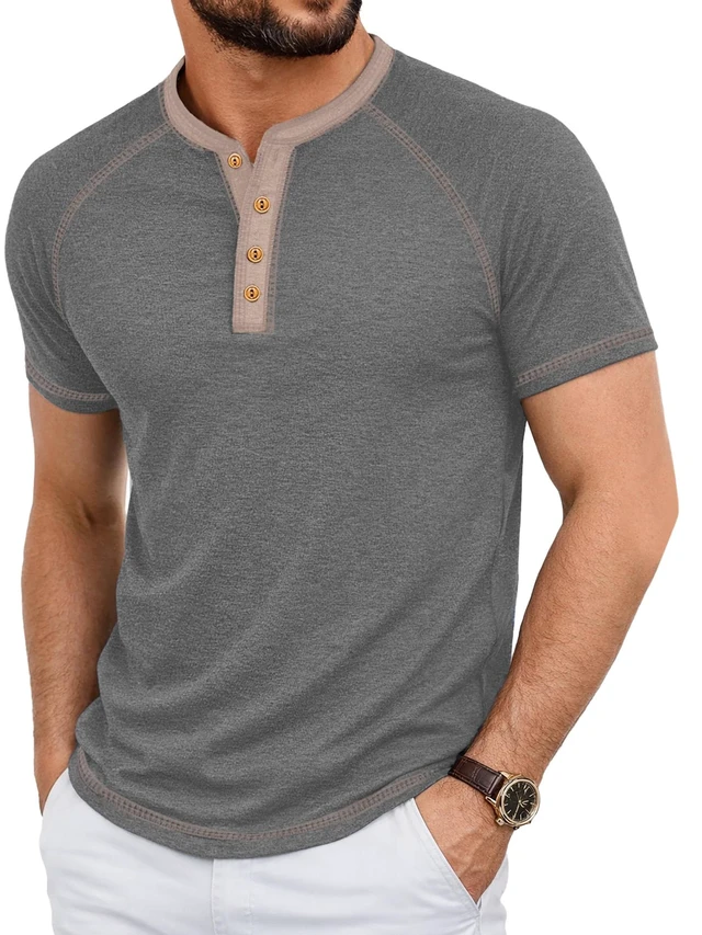 Main image of Men's Henley Shirts Short Sleeve Summer Breathable Casual Contrast Placket Raglan Mens Shirts Classic Vintage Button T Shirts Dark Gray Medium