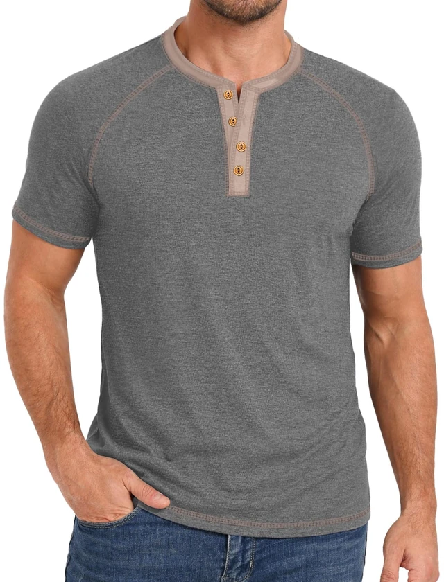 Alt view image 2 of 6 - Men's Henley Shirts Short Sleeve Summer Breathable Casual Contrast Placket Raglan Mens Shirts Classic Vintage Button T Shirts Dark Gray Medium