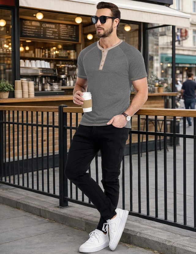 Alt view image 3 of 6 - Men's Henley Shirts Short Sleeve Summer Breathable Casual Contrast Placket Raglan Mens Shirts Classic Vintage Button T Shirts Dark Gray Medium