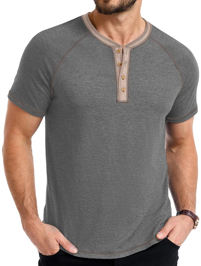 Alt view image 4 of 6 - Men's Henley Shirts Short Sleeve Summer Breathable Casual Contrast Placket Raglan Mens Shirts Classic Vintage Button T Shirts Dark Gray Medium
