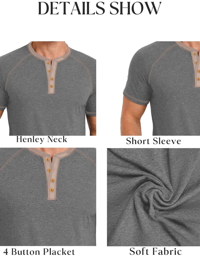 Alt view image 6 of 6 - Men's Henley Shirts Short Sleeve Summer Breathable Casual Contrast Placket Raglan Mens Shirts Classic Vintage Button T Shirts Dark Gray Medium