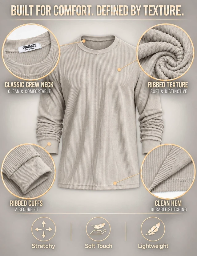 Alt view image 4 of 6 - Men's Knit Long Sleeve Shirt Ribbed Crew Neck Casual Basic Tee