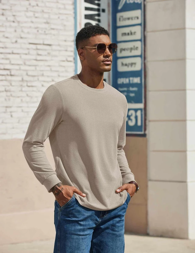 Alt view image 3 of 6 - Men's Knit Long Sleeve Shirt Ribbed Crew Neck Casual Basic Tee