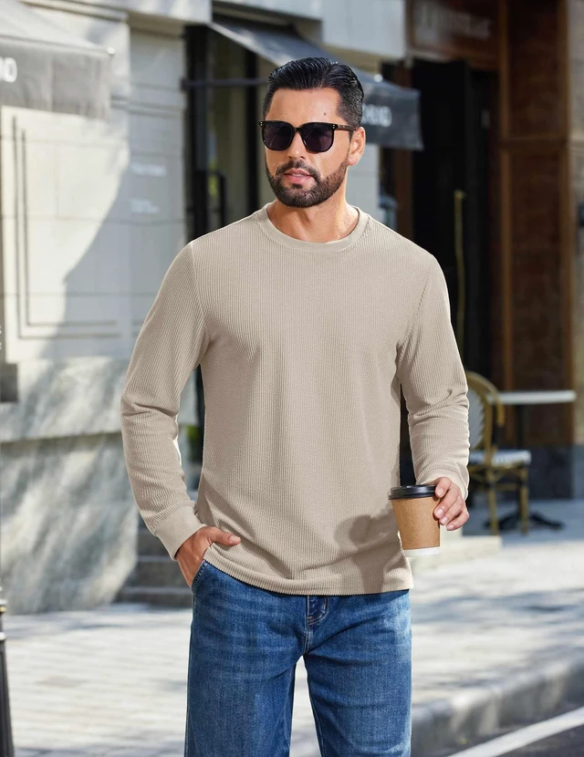 Alt view image 2 of 6 - Men's Knit Long Sleeve Shirt Ribbed Crew Neck Casual Basic Tee