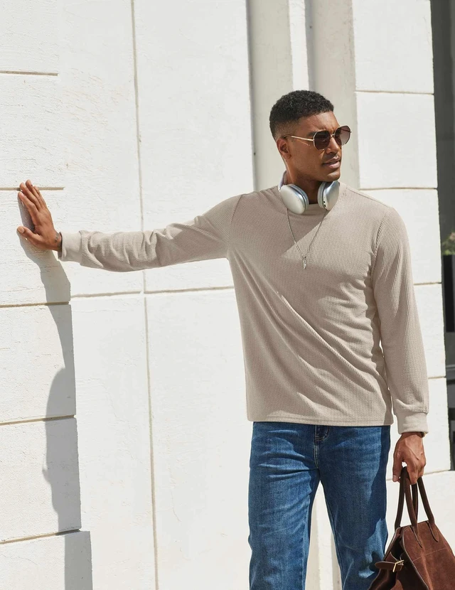 Alt view image 5 of 6 - Men's Knit Long Sleeve Shirt Ribbed Crew Neck Casual Basic Tee