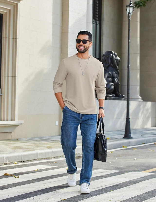 Alt view image 6 of 6 - Men's Knit Long Sleeve Shirt Ribbed Crew Neck Casual Basic Tee