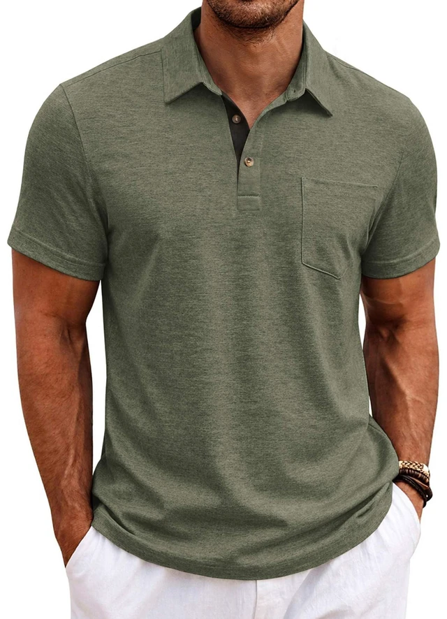 Main image of Mens Heather Polo Shirt Casual Short Sleeve Collared Shirt Pocket Business Shirt Green