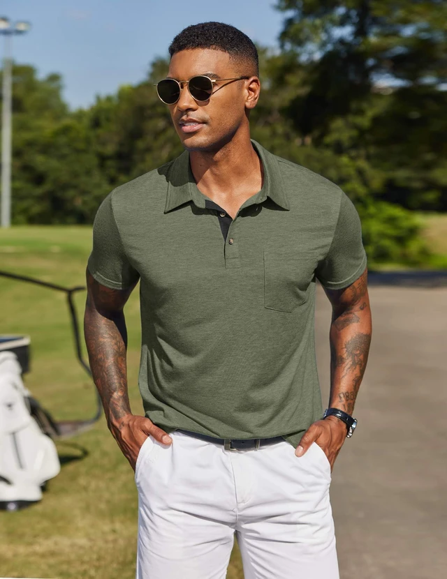 Alt view image 2 of 7 - Mens Heather Polo Shirt Casual Short Sleeve Collared Shirt Pocket Business Shirt Green