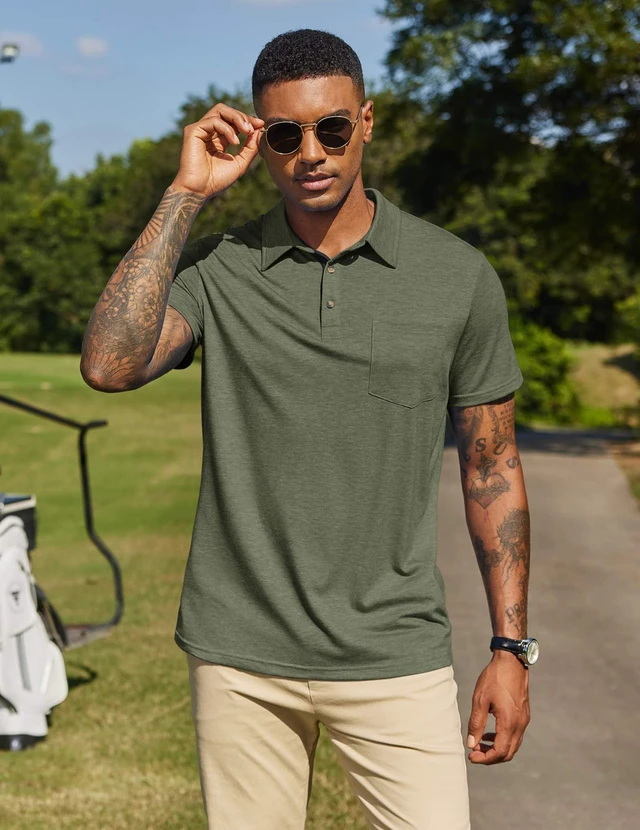Alt view image 3 of 7 - Mens Heather Polo Shirt Casual Short Sleeve Collared Shirt Pocket Business Shirt Green