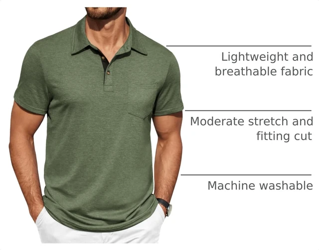 Alt view image 4 of 7 - Mens Heather Polo Shirt Casual Short Sleeve Collared Shirt Pocket Business Shirt Green