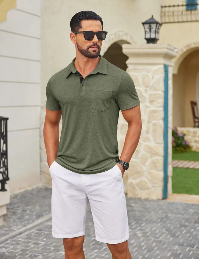 Alt view image 7 of 7 - Mens Heather Polo Shirt Casual Short Sleeve Collared Shirt Pocket Business Shirt Green