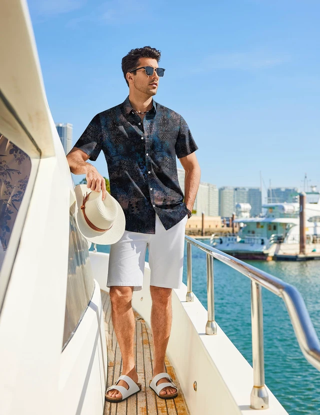 Alt view image 2 of 7 - Mens Hawaiian Shirt Short Sleeve Floral Button Down Shirts Summer Beach Shirt Vintage Shirt