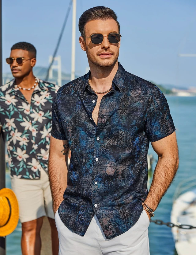 Alt view image 5 of 7 - Mens Hawaiian Shirt Short Sleeve Floral Button Down Shirts Summer Beach Shirt Vintage Shirt