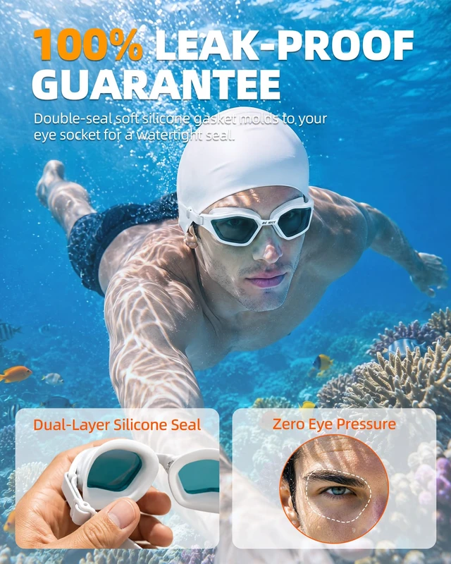 Alt view image 7 of 7 - Interchangeable Nose Bridge Swim Goggles for Women Men Adults & Teens Anti Fog & Anti UV Leakproof Wide Vision Swimming Goggles for Pool & Outdoor (White)