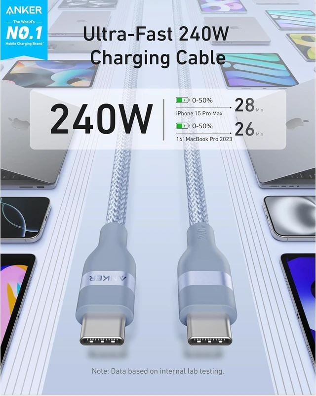 Alt view image 2 of 6 - Nano USB C to USB C Cable, 240W Fast Charging Cable (Blue, 6ft) | Flexible Multi-Color Braided Charger for iPhone 18 / 17 Series, MacBook Pro, and More