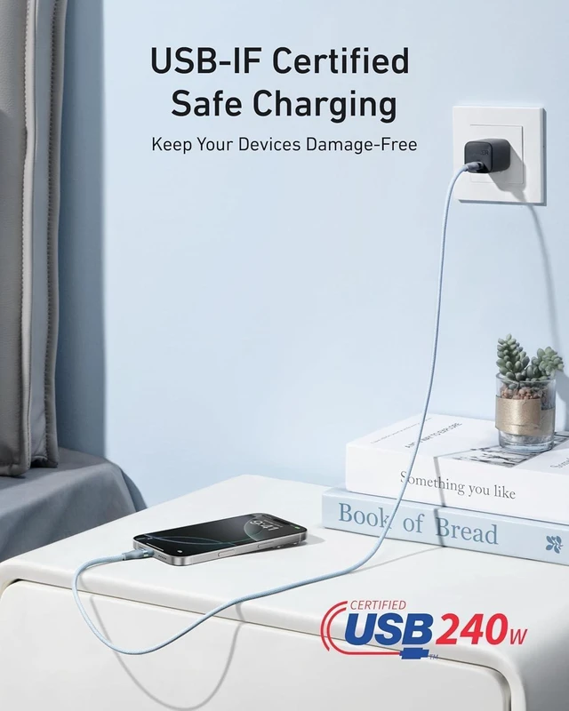 Alt view image 4 of 6 - Nano USB C to USB C Cable, 240W Fast Charging Cable (Blue, 6ft) | Flexible Multi-Color Braided Charger for iPhone 18 / 17 Series, MacBook Pro, and More