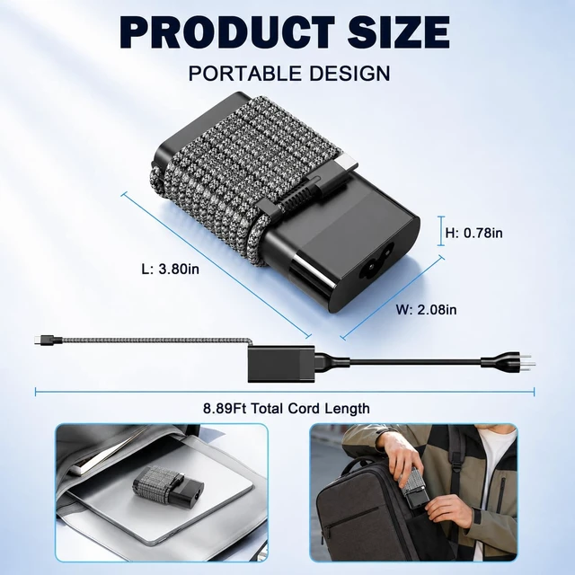 Alt view image 6 of 7 - Slim 65W USB C Laptop Charger for HP Spectre X360, Chromebook, Envy, EliteBook x360, Elite x2, Pavilion, Omnibook, ProBook, ZBook, Travel AC Power Adapter Cord Supply