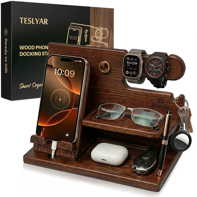Main image of Wood Phone Docking Station for Men - Desk or Nightstand Organizer - Birthday Gifts for Husband, Dad - Anniversary Idea from Wife - Key Holder, Stand Wallet, Watch & Essentials (Bourbon Brown)