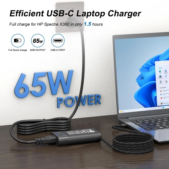 Alt view image 2 of 7 - Replacement for HP Laptop Charger 65W USB C Charger Compatible with HP Spectre X360, Envy, Elitebook X360, Omnibook, Zook Fast Charging Type C Power Adapter