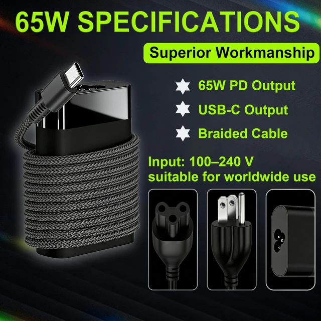 Alt view image 3 of 7 - 65W 45W Type C Laptop Charger for HP ProBook Chromebook EliteBook Envy | AC Adapter Fit for HP ProBook 440 450 G8-G11, Elite x2 1012, Pavilion , Spectre x360 SM65CL L65505-002 Power Supply Cord