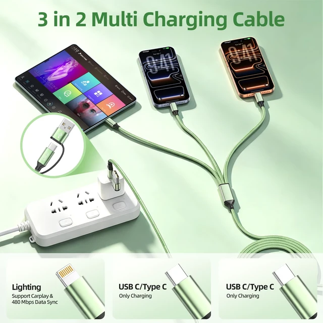 Alt view image 3 of 7 - 3 in 2 USB A/C Multi Charging Cable, Charging Cords for Multiple Devices | Dual Multi Charger Cord (2Pack 5FT) Universal Chargers with Lightning, 2 Type C USB Cable for iPhone17/16, iPad, Galaxy