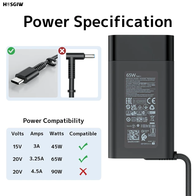 Alt view image 2 of 7 - 65W Type C Slim Charger for HP Spectre Envy EliteBook Pavilion X360 Laptop New Slim Type-C Charger Compatible with HP Chromebook, Pavilion, Elite X2, ProBook, TPN-LA12, 20V 3.25A Travel Fast Charging