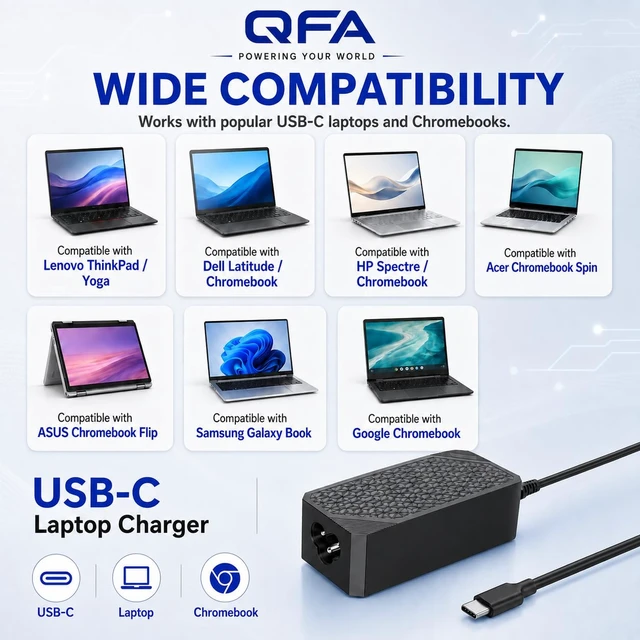 Alt view image 6 of 7 - UL Listed 65W USB C Laptop Charger, UL Listed Type-C Power Adapter | Compatible with HP Chromebook x360/Lenovo ThinkPad/Yoga/Dell Latitude/Acer Chromebook and More