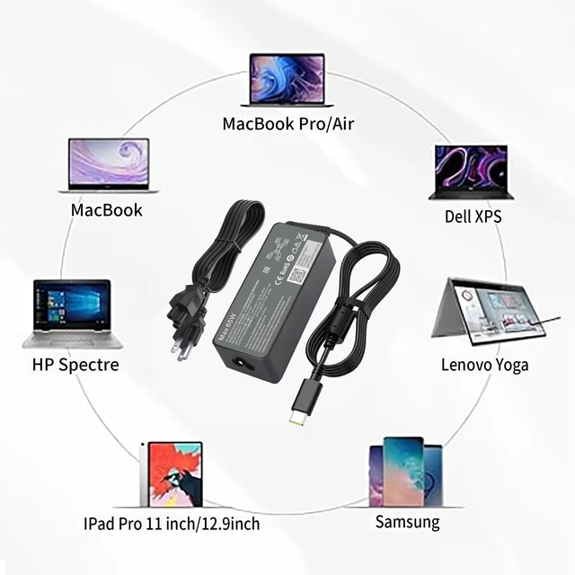 Alt view image 5 of 7 - New Slim 65W USB C Laptop Charger Replacement for Lenovo Thinkpad/Yoga/Chromebook Computer Type C Fast Charging Power Cord Ac Laptop Charger