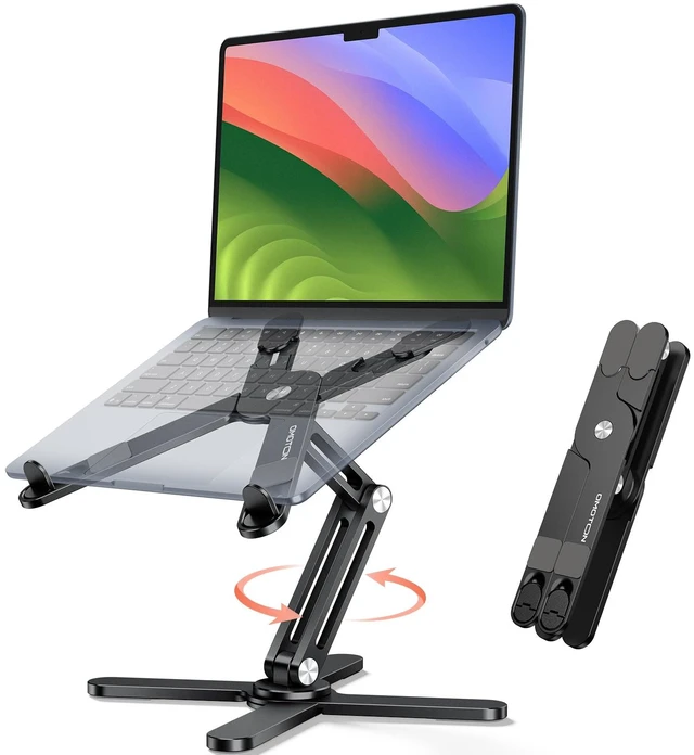 Main image of OMOTON LA10 360° Rotating Laptop Stand Riser Foldable for Desk, Black | Aluminium Aolly, Tool-free Adjustable Height Angles, Collaborative Work, Easy Storage, Fits 11"-17" MacBook Pro/Air, Dell, HP