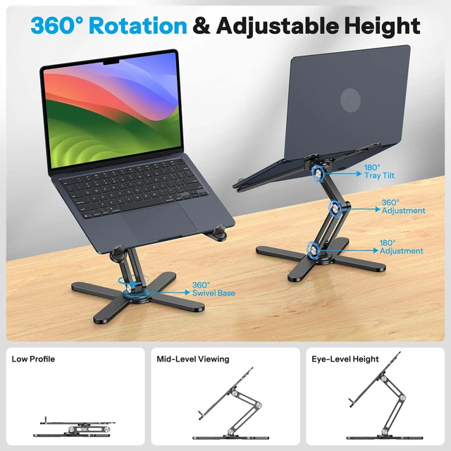 Alt view image 2 of 7 - OMOTON LA10 360° Rotating Laptop Stand Riser Foldable for Desk, Black | Aluminium Aolly, Tool-free Adjustable Height Angles, Collaborative Work, Easy Storage, Fits 11"-17" MacBook Pro/Air, Dell, HP