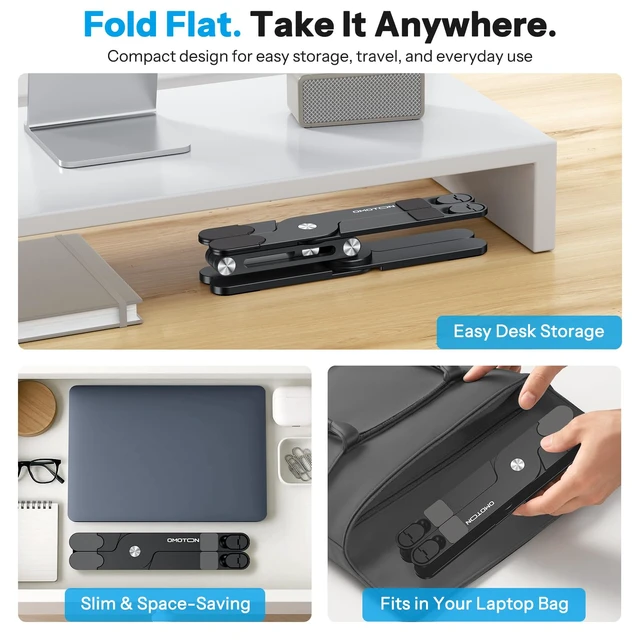 Alt view image 3 of 7 - OMOTON LA10 360° Rotating Laptop Stand Riser Foldable for Desk, Black | Aluminium Aolly, Tool-free Adjustable Height Angles, Collaborative Work, Easy Storage, Fits 11"-17" MacBook Pro/Air, Dell, HP