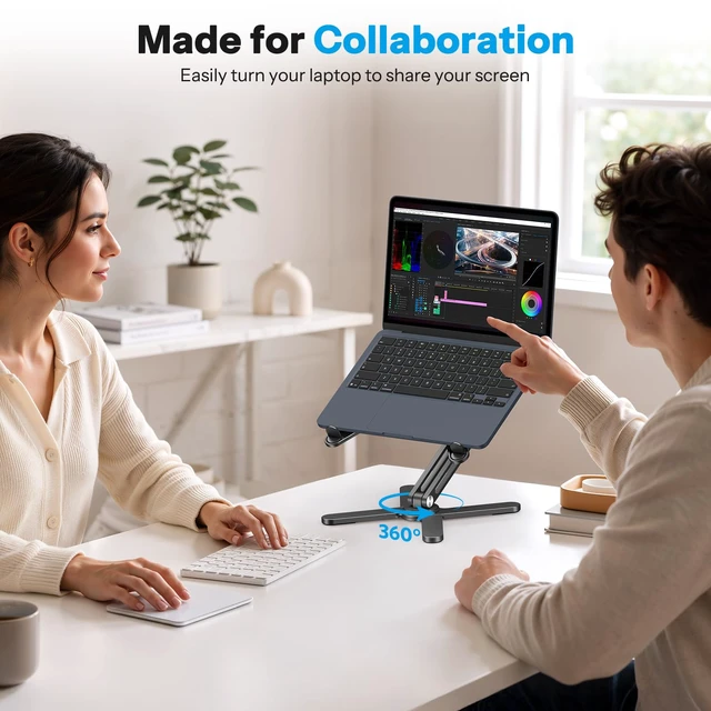 Alt view image 4 of 7 - OMOTON LA10 360° Rotating Laptop Stand Riser Foldable for Desk, Black | Aluminium Aolly, Tool-free Adjustable Height Angles, Collaborative Work, Easy Storage, Fits 11"-17" MacBook Pro/Air, Dell, HP